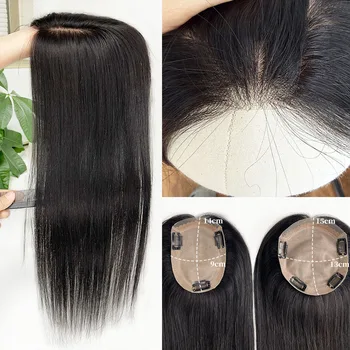 Topper per capelli in PU con base in seta 13x15cm, annodato a mano, più leggero e sottile, senza nodi, con clip, in vero capello umano Remy