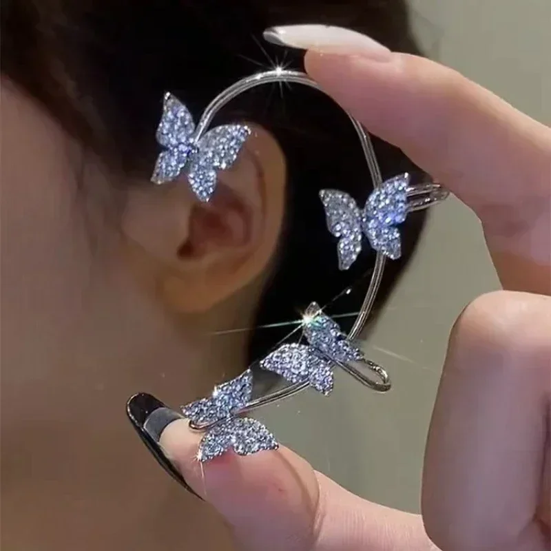 Clip Earrings Silver Color Metal Butterfly Ear Clip Without Piercing for Women Sparkling Zircon Ear Cuff Wedding Fashion Jewelry 2
