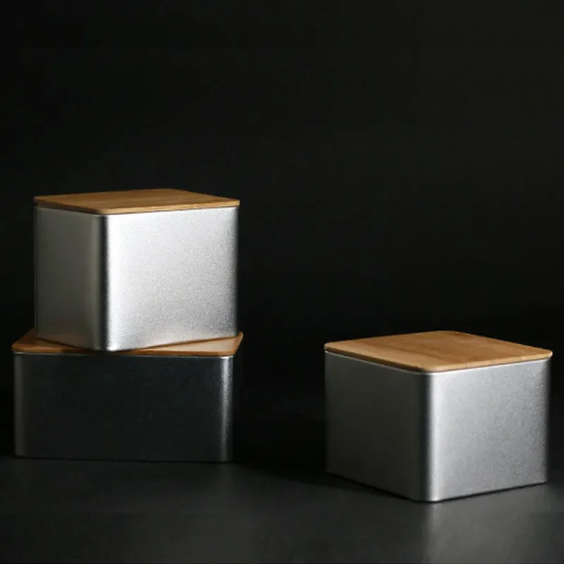 Empty Metal Tin Box With Wood Lid Small Vintage Candy Money Coin Key Pill Packaging Box Kitchen Food Containers Storage Boxes 5