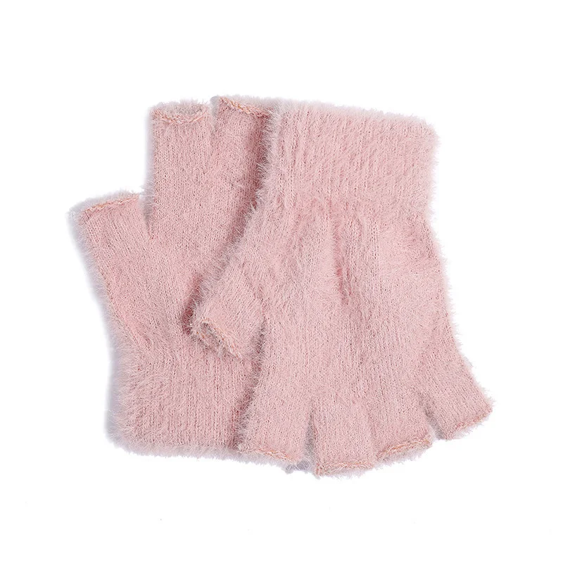 Solid Color Winter Gloves for Kids Imitation Mink Fur Thicken Boy Girl Outdoor Warm Half Finger Gloves Plush Children Mittens