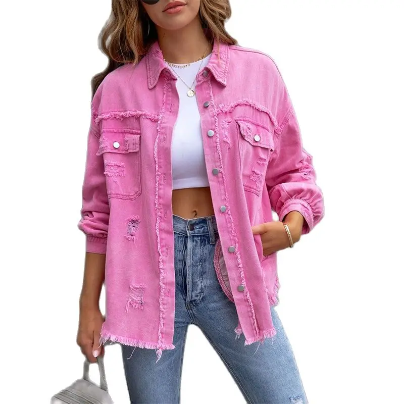 

2023 Holes Raw-edges Denim Jacket Women Spring Autumn Shirt Style Jeancoat Casual Top Rose-Red Orange Purple Outerwear Lady Coat