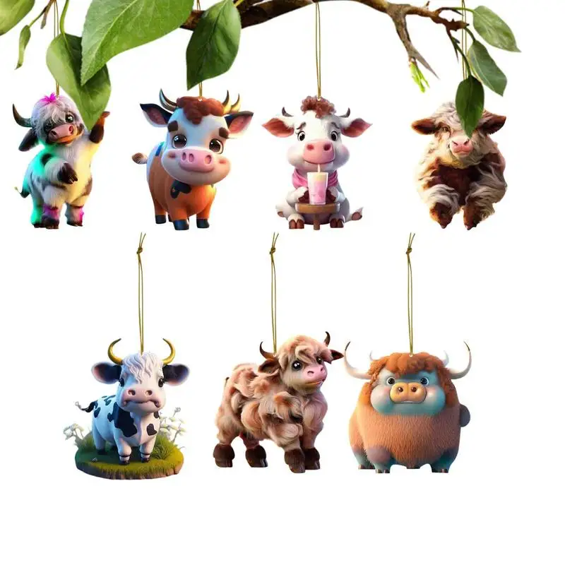 

Window Hangings Christmas Cow Ornaments 2D Acrylic Ornaments 7Pcs/Set Cartoon Cow Decorations For Christmas Tree Window Car