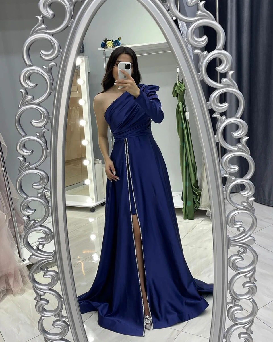 Buy 2024 Royal Blue Satin V Neck A Line Short Puffy Sleeves Long Formal  Evening Dress Womens Prom Wedding Party Junior Bridesmaid Dresses Gowns  Online in India - Etsy