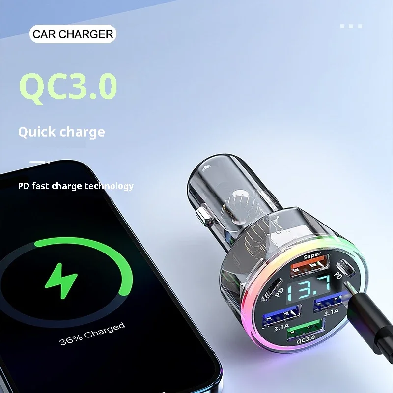 Phone Charger Car Charger Phone Charger Adapter Car Phone Charger 6 Ports USB Car Charger USB Type C Fast Charging Digital Display Phone Charger Adapter Quick Charge Socket Cigarette Lighter