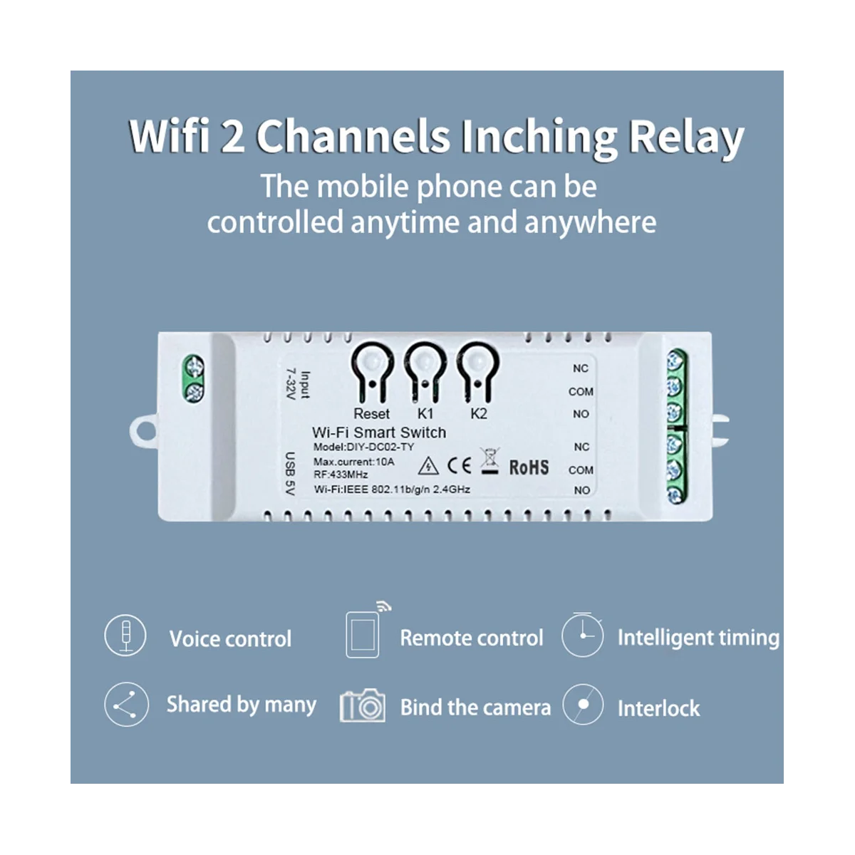 

Умный выключатель с таймером, 2 канала, Wi-Fi, 7-32 В, USB, 5 В, 2,4 ГГц