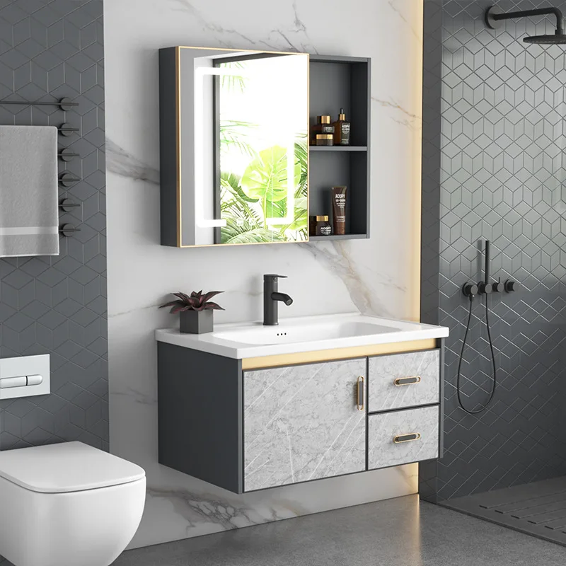 Dark gray stone pattern aluminum alloy bathroom cabinet combination bathroom ceramic integrated basin wall-mounted washbasin was
