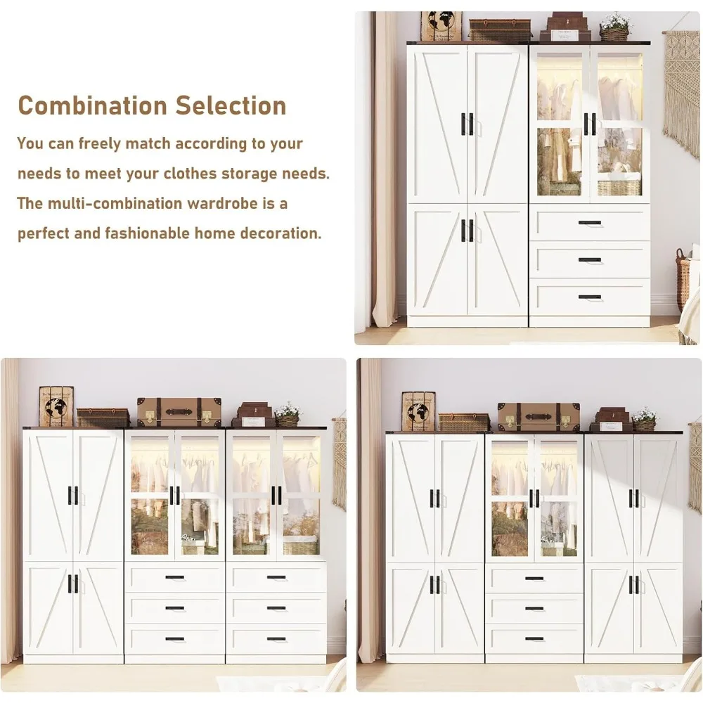 75" Tall Farmhouse 2 Doors Armoire Wardrobe Closet with LED,Freestanding Closet Wardrobe Cabinet for Bedroom with Hanging Rod 5