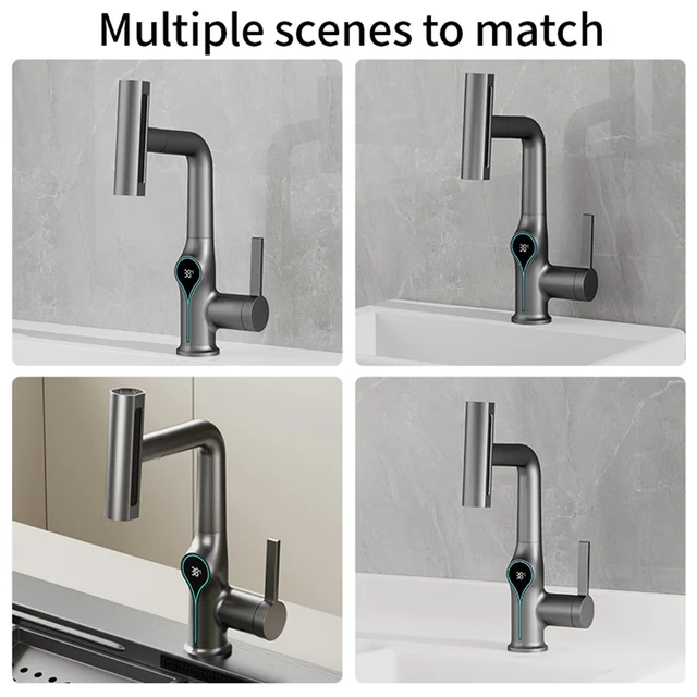 น้ําตกอุณหภูมิดิจิตอลจอแสดงผลก๊อกน้ําอ่างล้างหน้าLift Up Down Stream Sprayerร้อนเย็นอ่างล้างจานล้างTapสําหรับห้องน้ํา 4