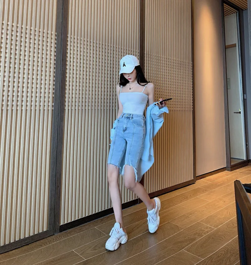 Women Summer Solid Skinny Jeans Shorts Y2K Korean High Waist Blue Hole Denim Shorts Black Washed Short Pants Female Ropa Mujer lululemon shorts
