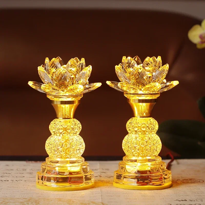 Household LED Crystal Lotus Lamp, Buddhist Decorative Accessories, Seven Color Buddha Supply Lamps, Prayer, Feng Shui, Plug-in
