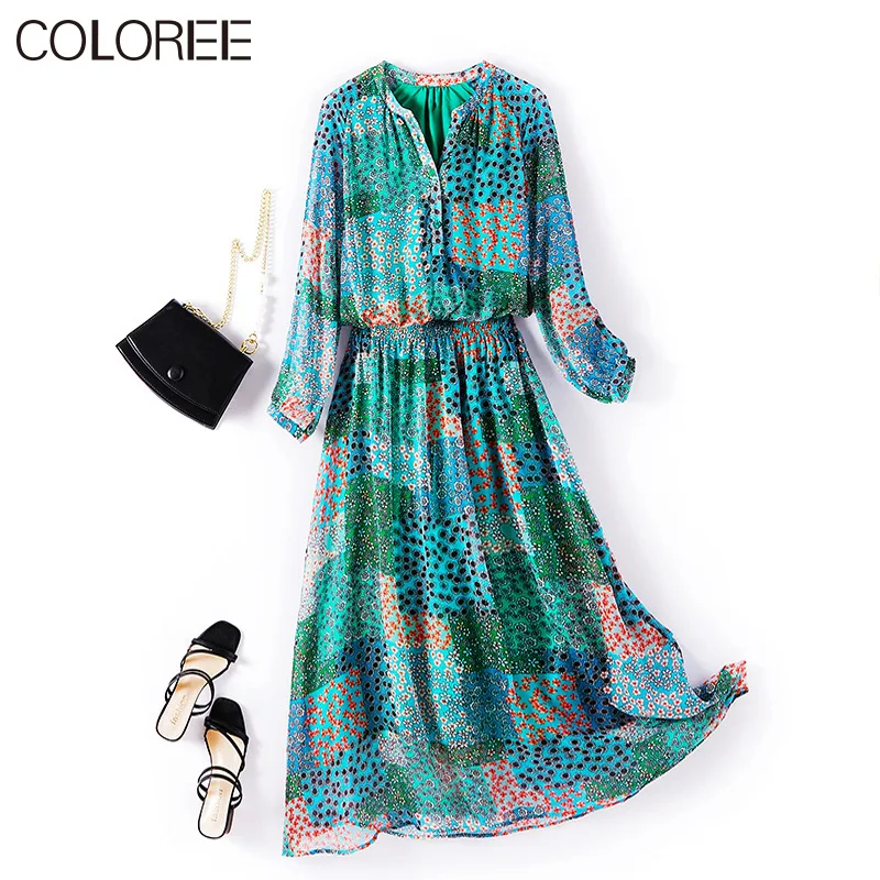 

Summer Boho Clothes for Women 2023 Vacation Bohemian V-neck Long Sleeve Printed Maxi Dresses Luxury Pure Silk Dress Female