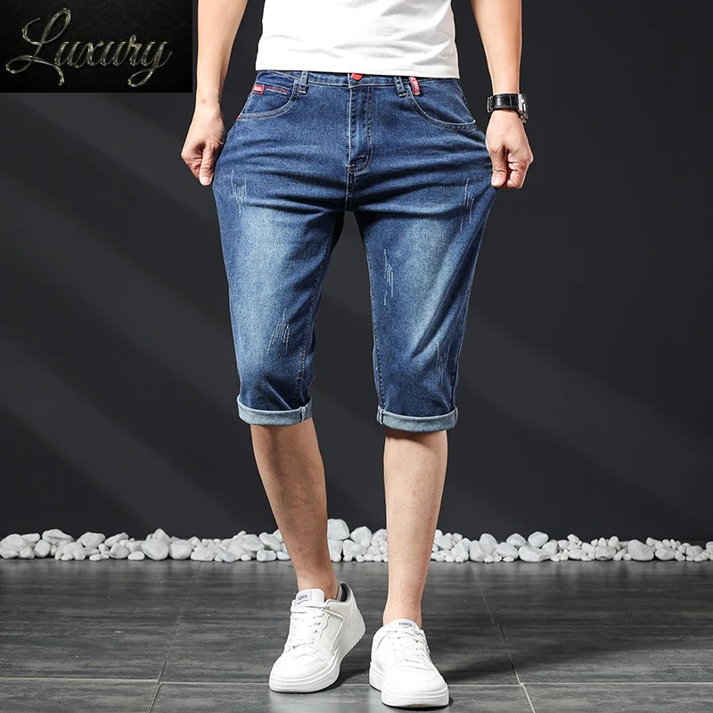 

Mens Short Jeans Summer New Bermuda Casual Stretch Blue Knee Length Cropped Pants Slim Male Denim Shorts