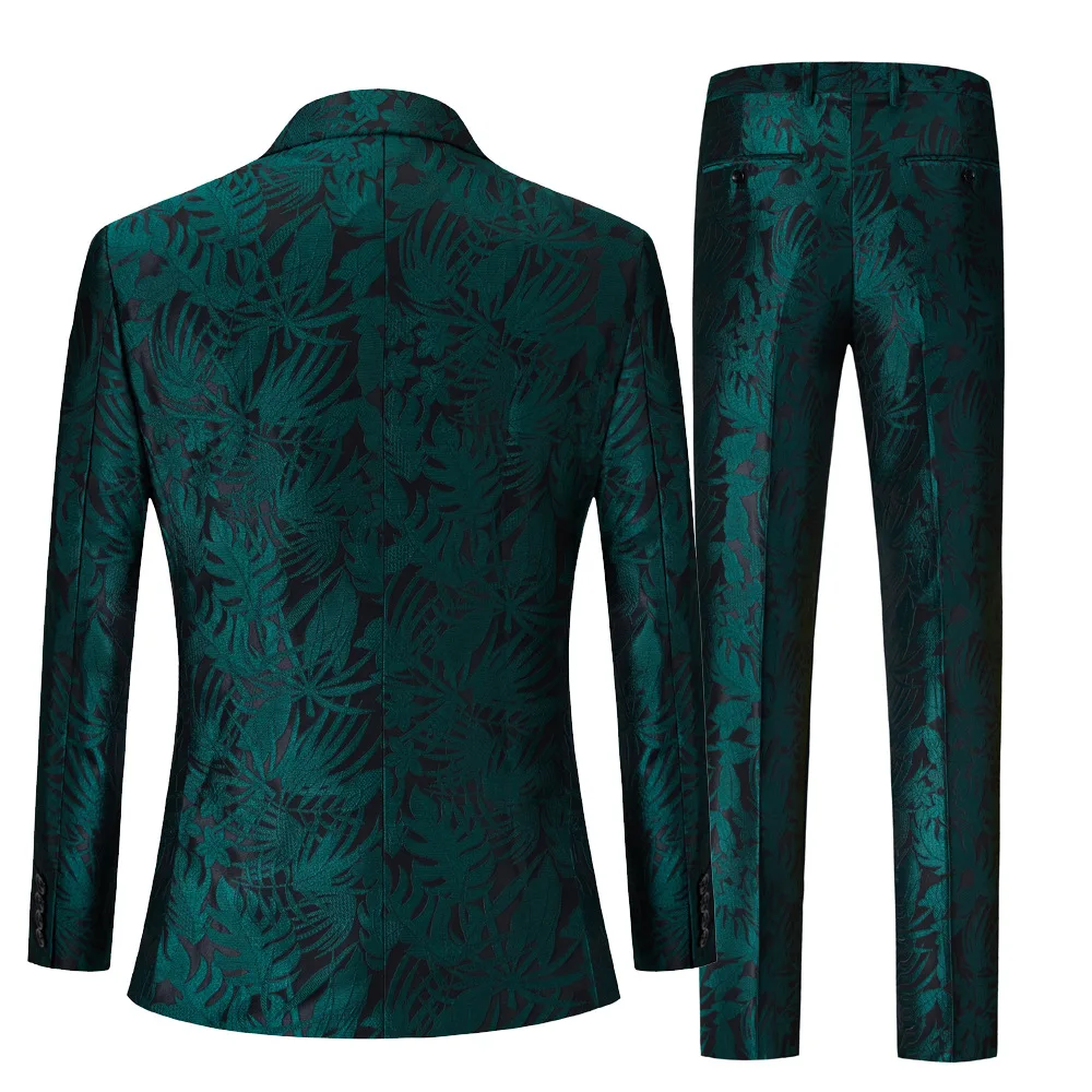 Elegant Men's Suit Green Printing Double Preasted Slim Fit Blazer And Pants Nightclub Singer Banquet New Male Jacket 2 Piece Set
