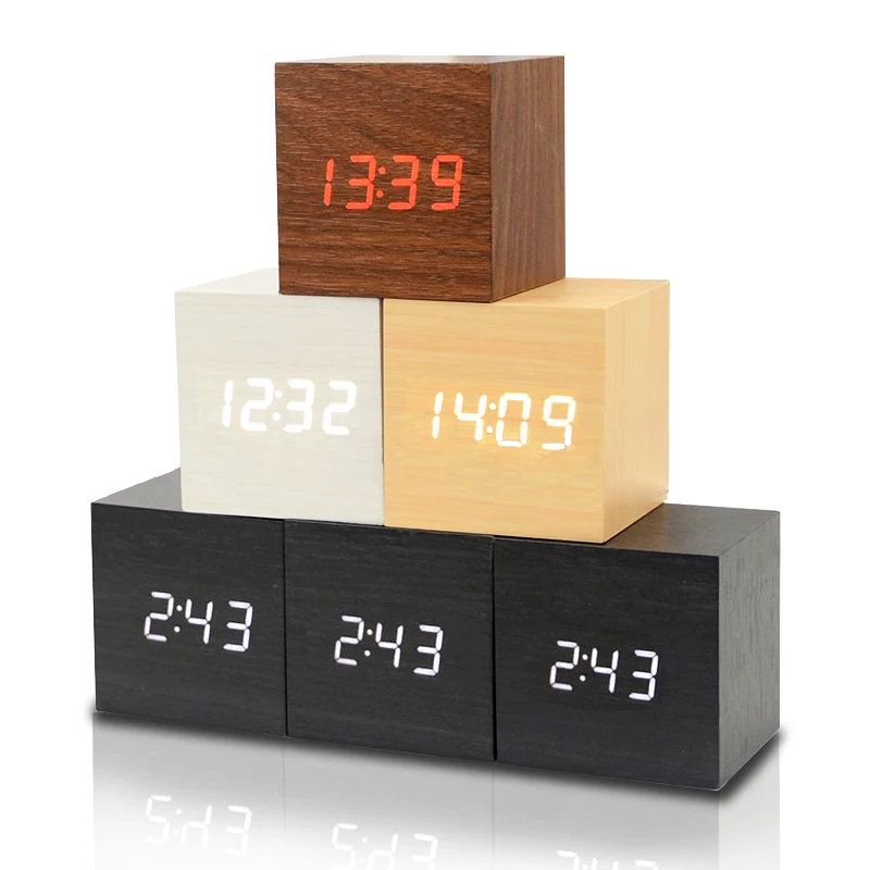 Réveil en Bois - Mini Horloge Numérique avec Affichage De L'Heure De La  Température, Luminosité à