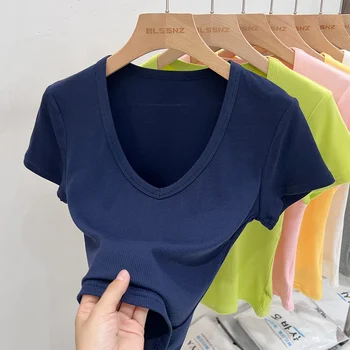 2026 Casual V-Neck Solid Slim Fit Tee Summer Sexy Basic Crop Top Women Ribbed Short Sleeve T-shirts Female Y2K Tops Clothes