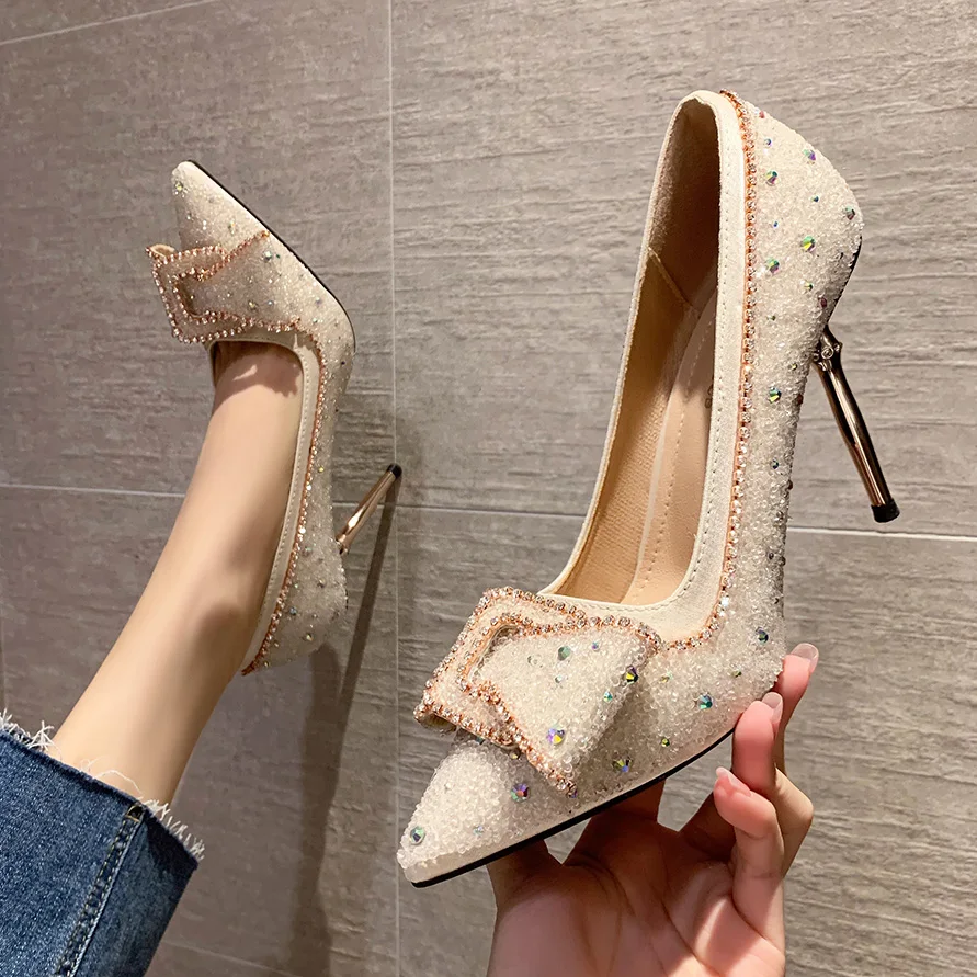 

2022 Women 9.5cm High Heels Crystal Glitter Pumps Lady Wedding Green apricot Heels Female Scarpins Valentine Bridal Shoes