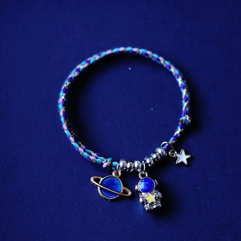 

Simple Dream Star-Catching Astronaut Star Moon Bracelet For Men Women Personality Lovers Blue White Rope Chain Bracelets