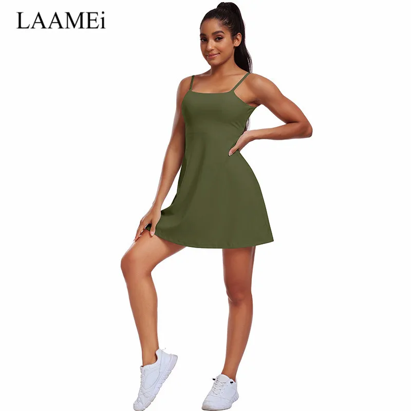 LAAMEi Sports Set Tennis Dress Pocket Safety Shorts Fitness Golf Integrated Yoga Set Women's Running Fitness Dress