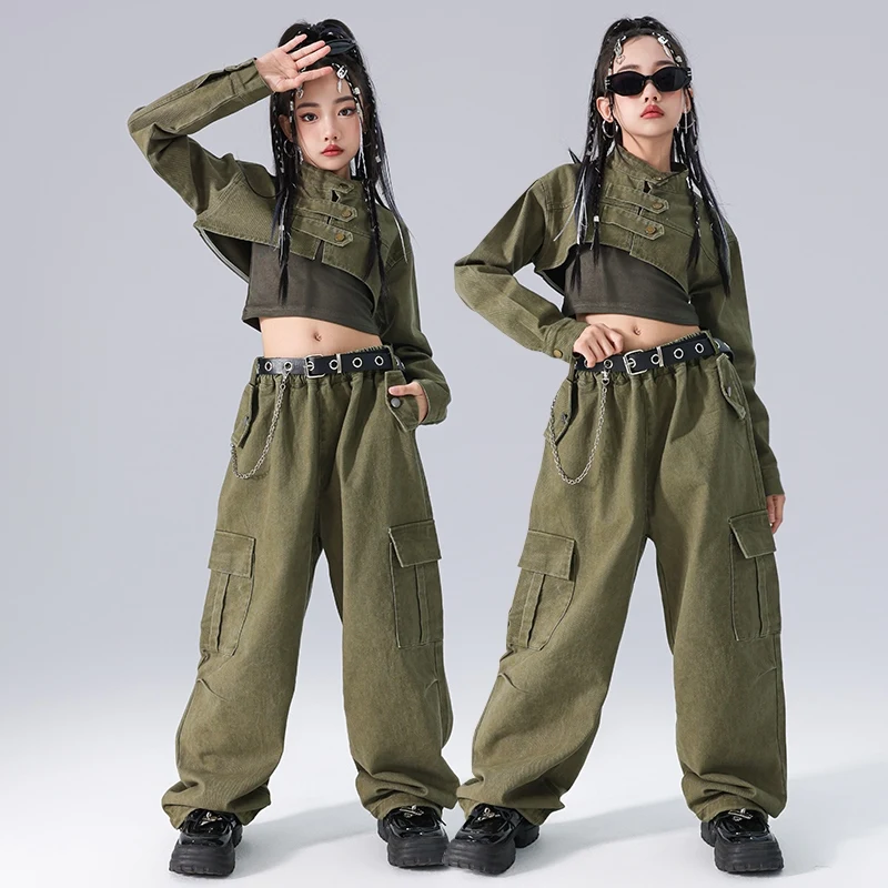 Hip Hop Girls Clothes Jazz Dance Navel Tops Long Sleeves Loose Pants Street Dance Costume Group Performance Suit BL14038