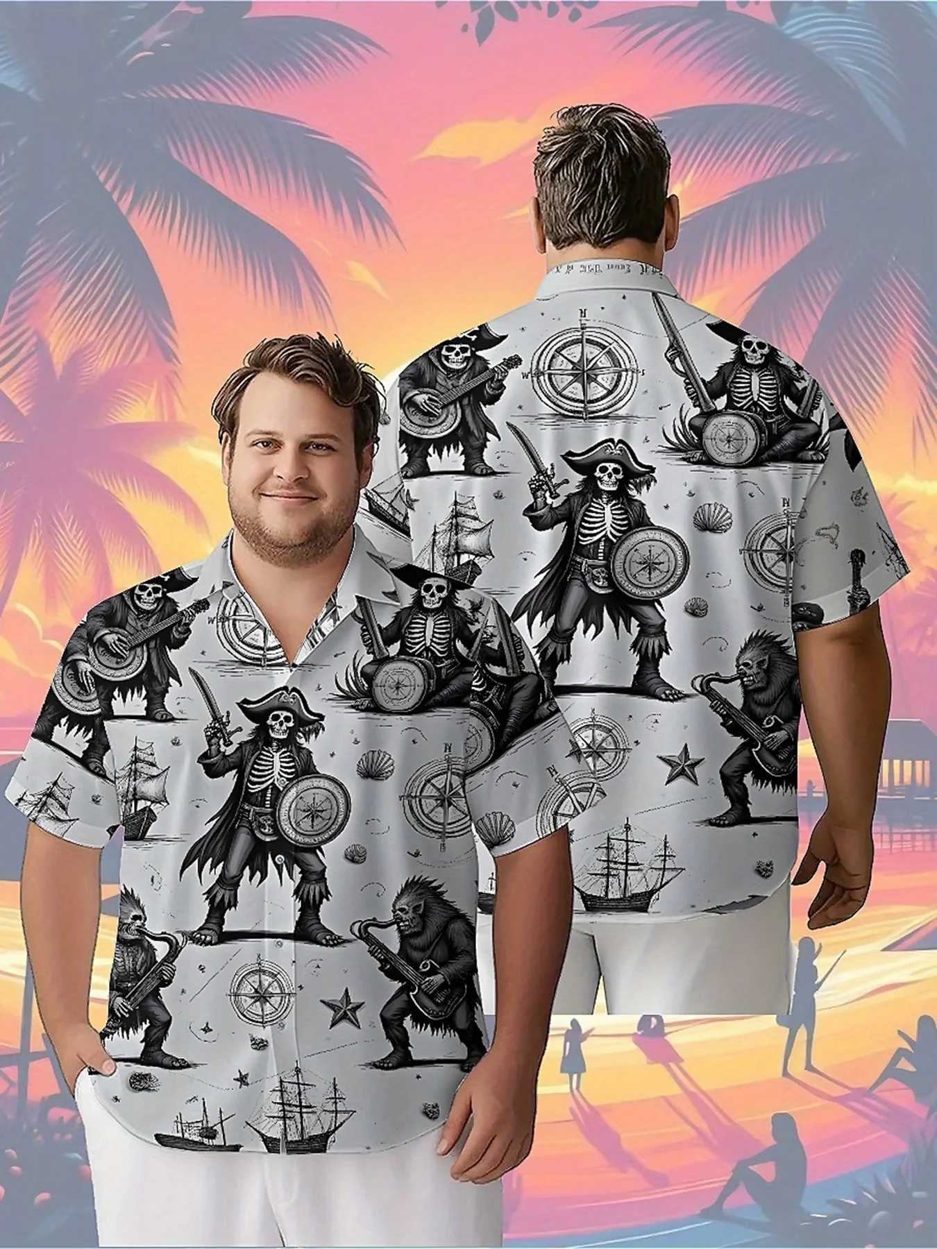 Men's Plus Size Hawaiian Shirts Pirate Sasquatch and The Skeleton Band pattern,Unisex Aloha Shirts,summer Alternative Clothing