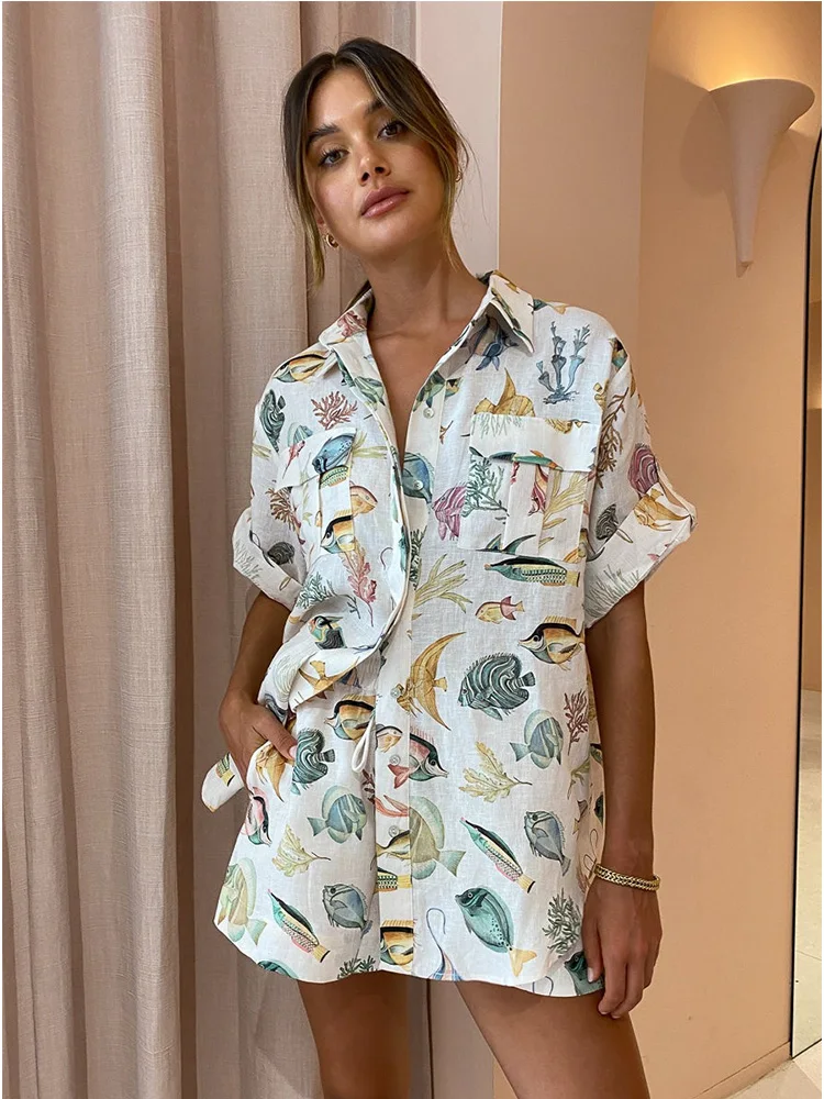 

Fish Printed Polo Neck Shirts Shorts Suit Female Holiday Casual Short Sleeve Loose Top Women 2 Pieces Set Summer Fashion Outfits