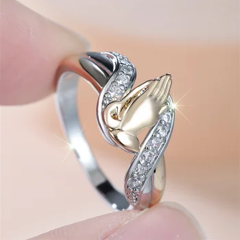 Gold Color Hands Prayer White Zircon Rings For Women Vintage Silver Color Engagement Ring Wedding Jewelry Bridal Versatile Gifts