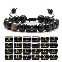 Initials 10mm Bracelets for Men Women Letter Link Handmade Natural Black Onyx Tiger Eye Stone Beads Braided Rope Meaningful