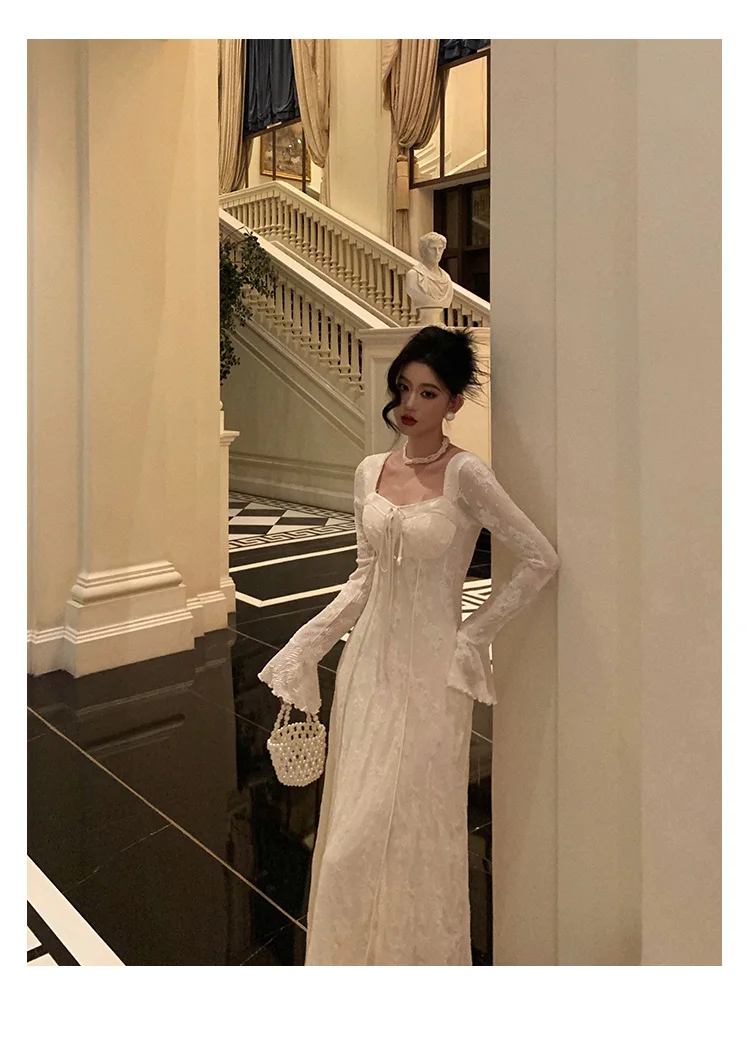 Women's Solid Midi Dress Flare Sleeves Square Collar A-Line Lace Up Autumn Spring French Elegant Vintage Prom Robe Vestidos New