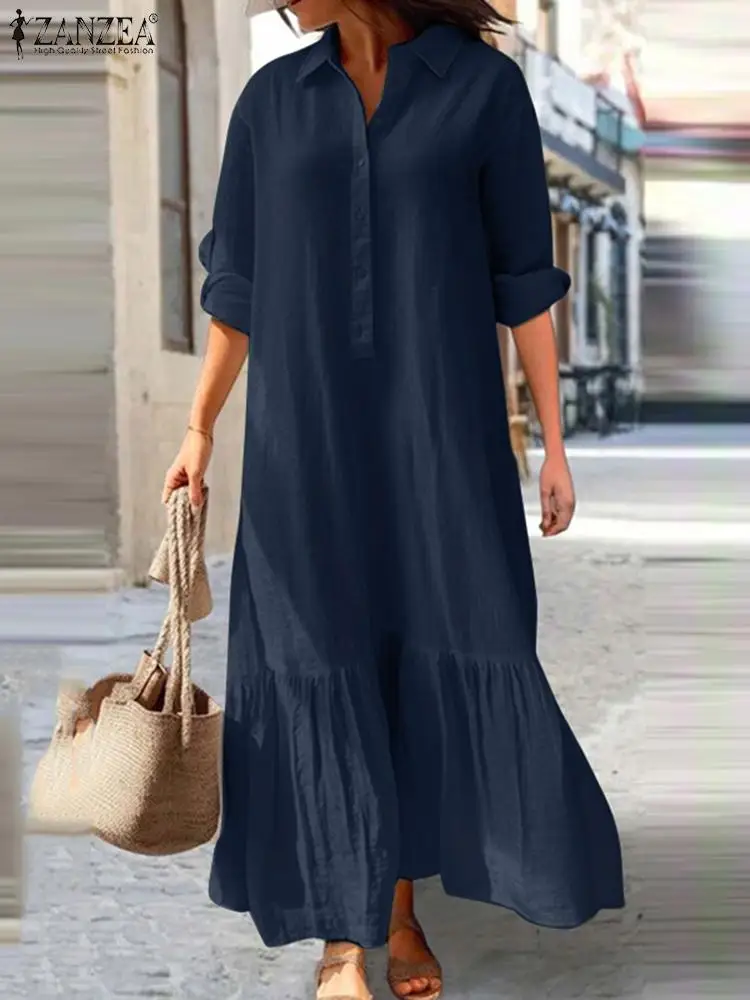 

ZANZEA Autumn Fashion Solid Color Dress Lapel Neck Shirtdress Casual Ruffles Hem Sundress Long Sleeve Vintage OL Office Dresses