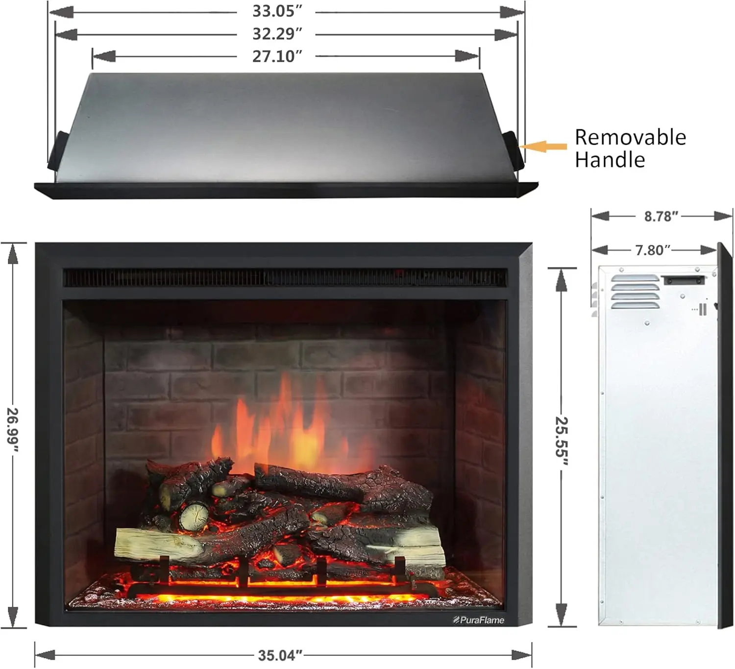 Western Electric Fireplace Insert with Fire Crackling Sound, Remote Control, 750/1500W, Black, 33 1/16 Inches Wide, High 2