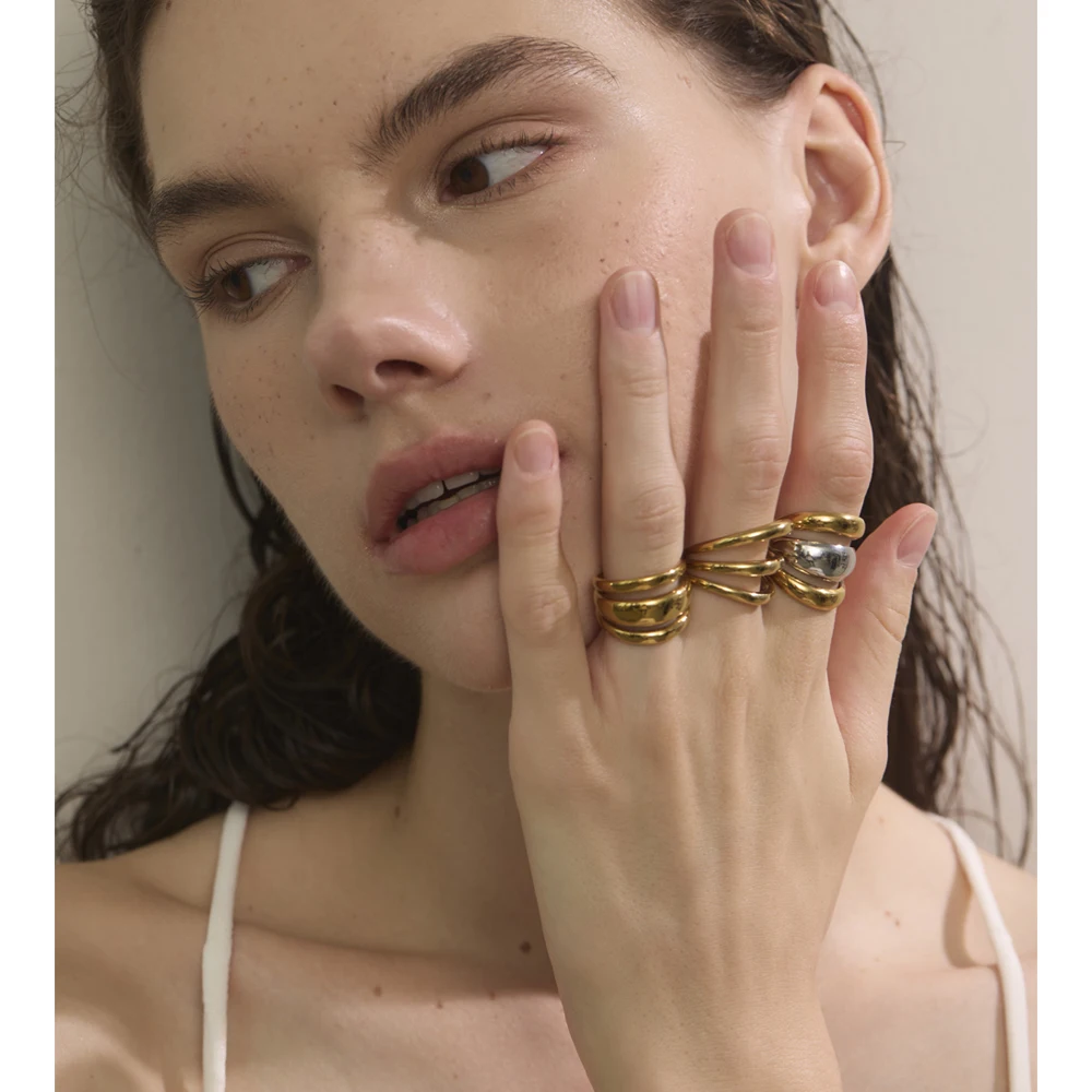 Yhpup Distinctive Stainless Steel Layered Geometric Finger Ring