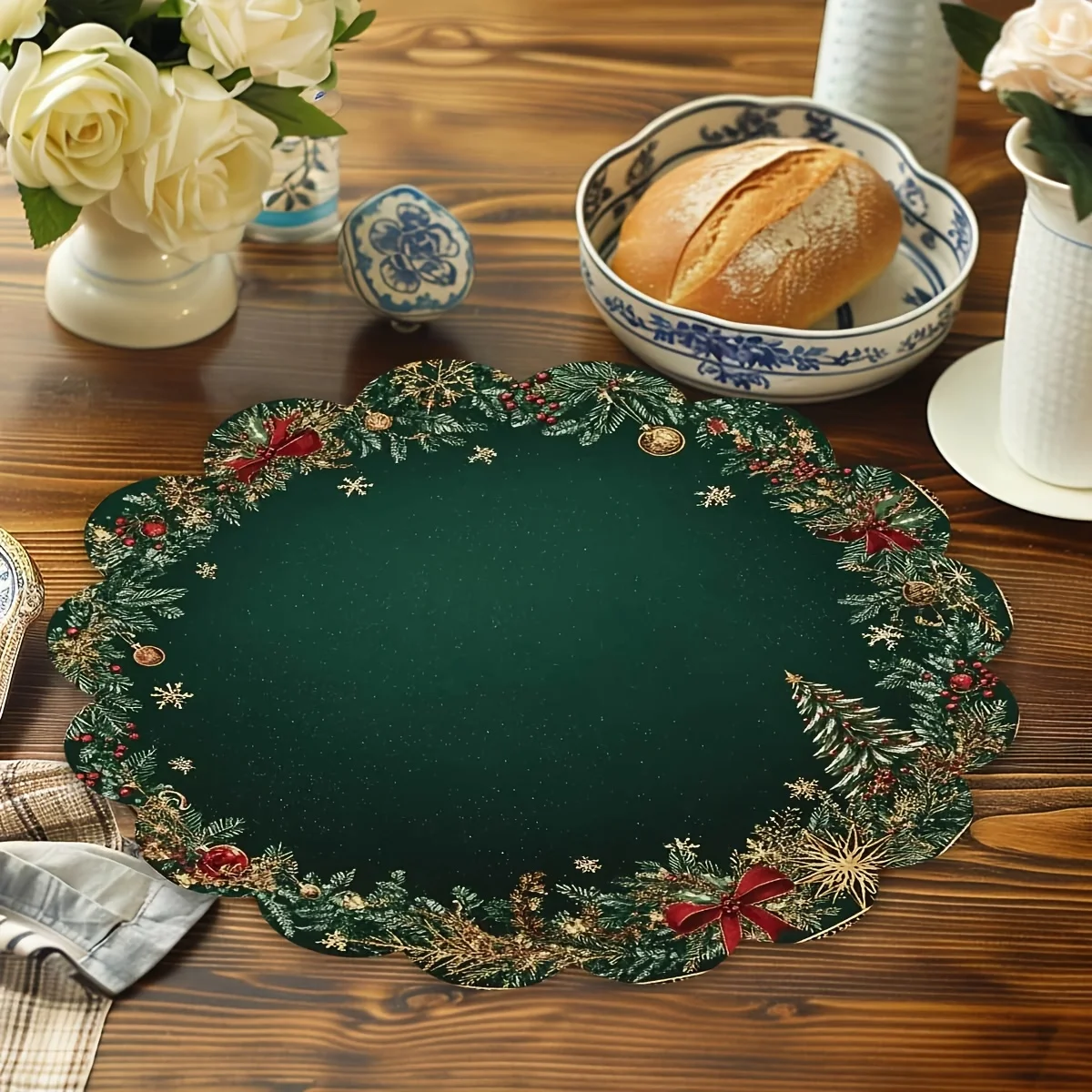 2/4pcs Round Placemats For Dining Table, Christmas Created-Emerald Green Golden Pattern Round Table Mats,Best For Christmas_voghion.com