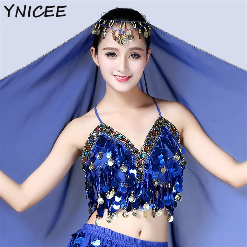 

Adult Sequins Dance Costume Crop Tops for Women Tribal Bellydance Rhinestone Bandage Bra Sexy Dancing Suit Gypsy Carnival Outfit
