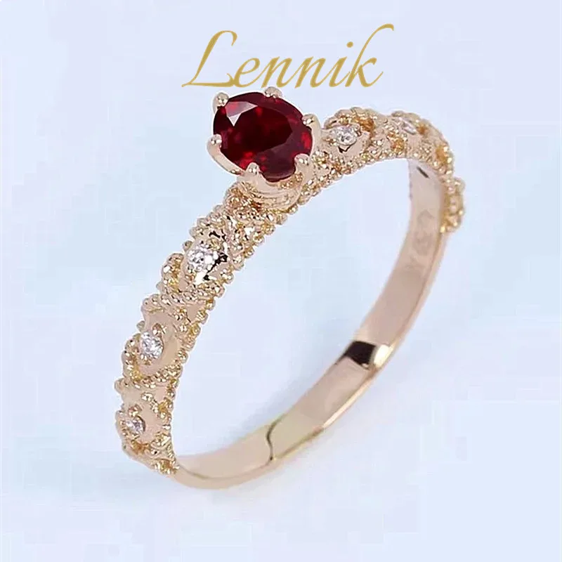 

LENNIK 0.4CT Passed The Test Women's Ruby ​​Ring S925 Gold-Plated Ring Birthday Gift Live Wedding Female Ring Decor Accessories