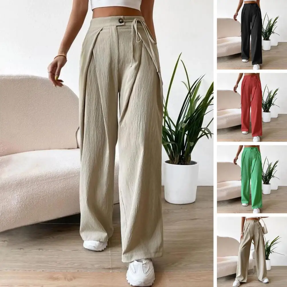 

Women Pants High Waist Solid Color Wide Leg Full Length Straight Solid Color Zipper Button Closure Lace Up Straps Lady Trousers