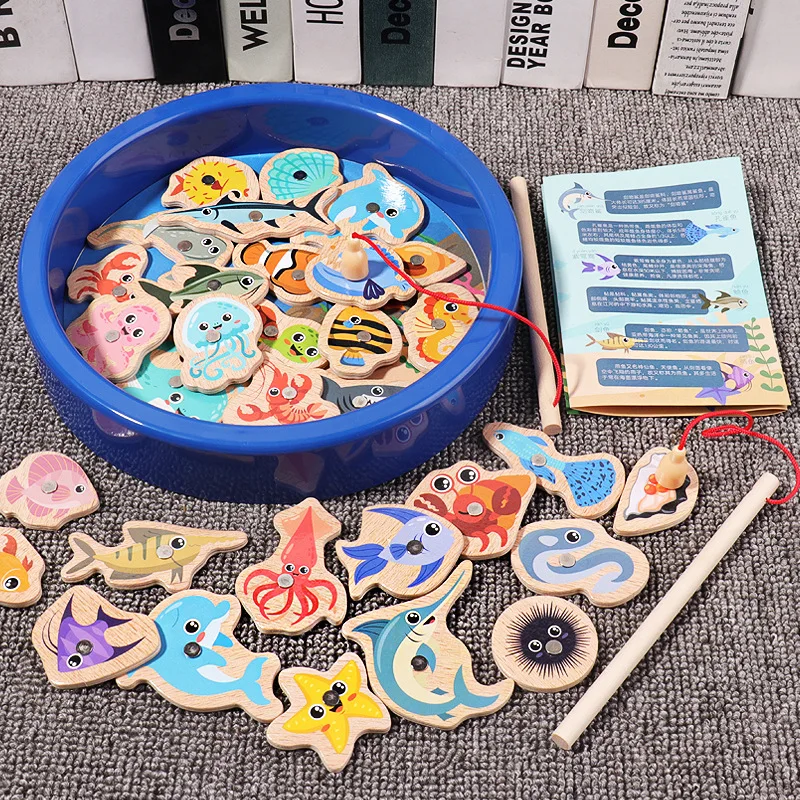 Magnetic Fishing Game Suitable For Young Children Wooden Letter Puzzle Maze Board Preschool ABC Capital Letter Matching Game Fishing Game