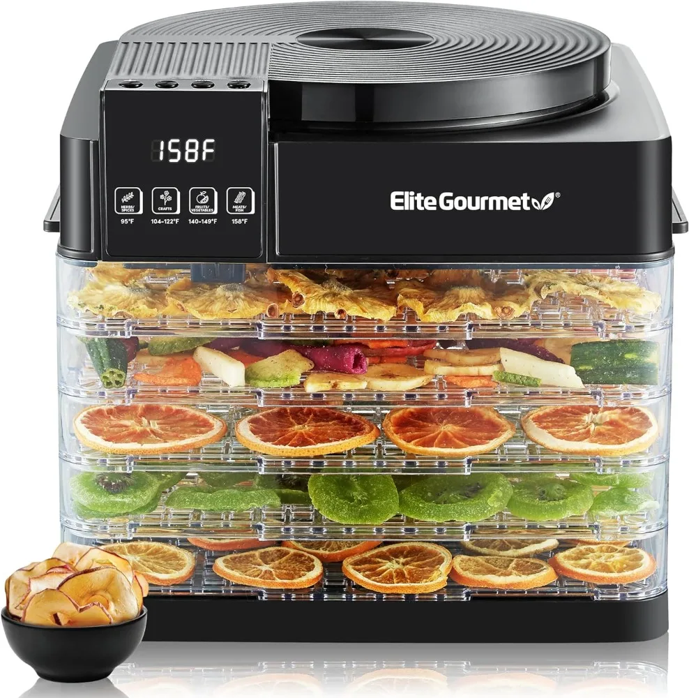 

Elite Gourmet EFD422 Digital Food Dehydrator with 5 BPA Free Trays, Top Mounted Fan & Heater, Adjustable Timer and Temperature
