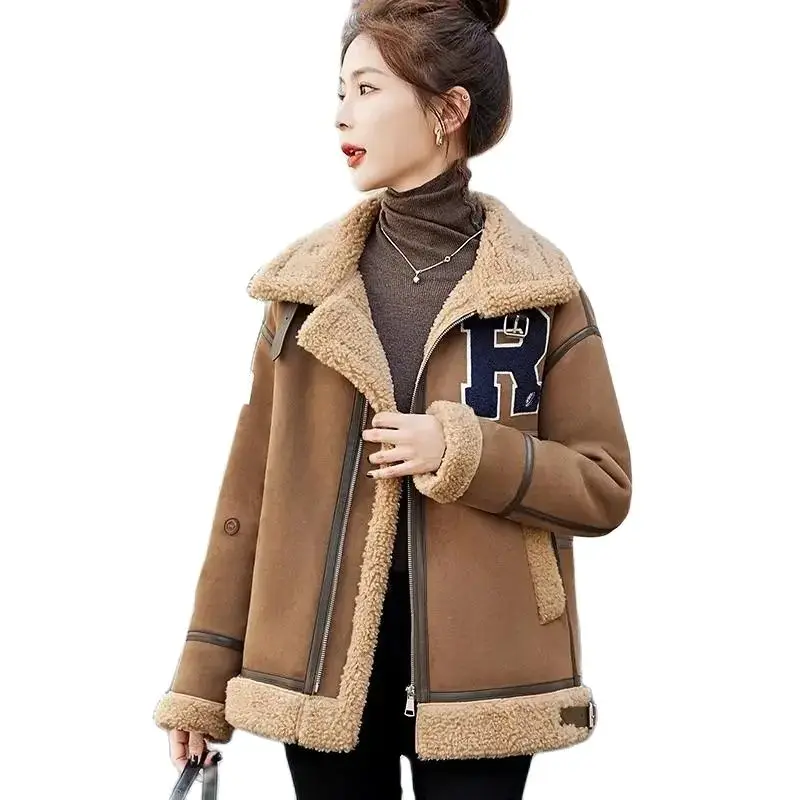 

Autumn Winter Lambswool Jacket Women 2024 New Fashion Thicken Fleece Tops Leisure Loose Coat Square Collar Outerwear Female