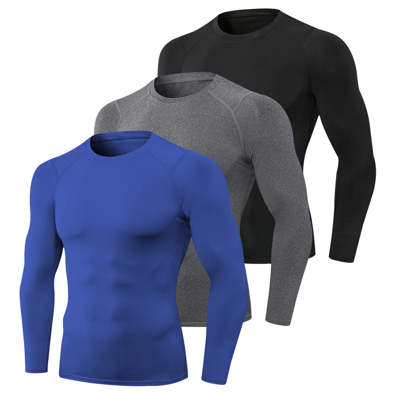 

3pcs Men's Athletic Long Sleeve Compre ssion Shirts Quick Dry Workout T-Shirt Running Tops
