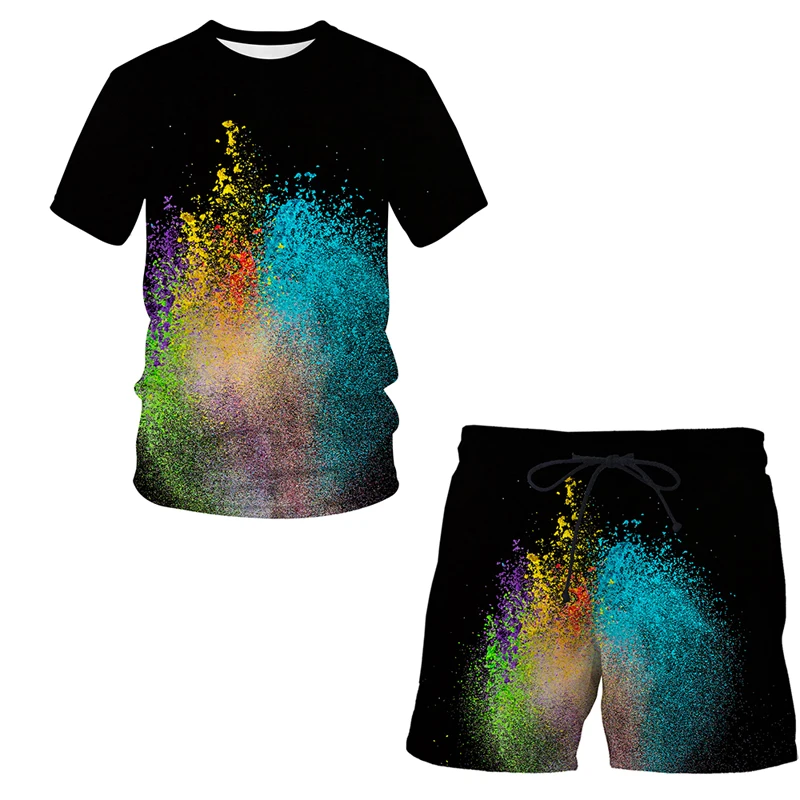 

New Summer Splash tie dyeing 3D Shorts Sets Short Sleeve T Shirt +Shorts 2022 Male Sports Tracksuit Set Men's Clothing 2 Pieces