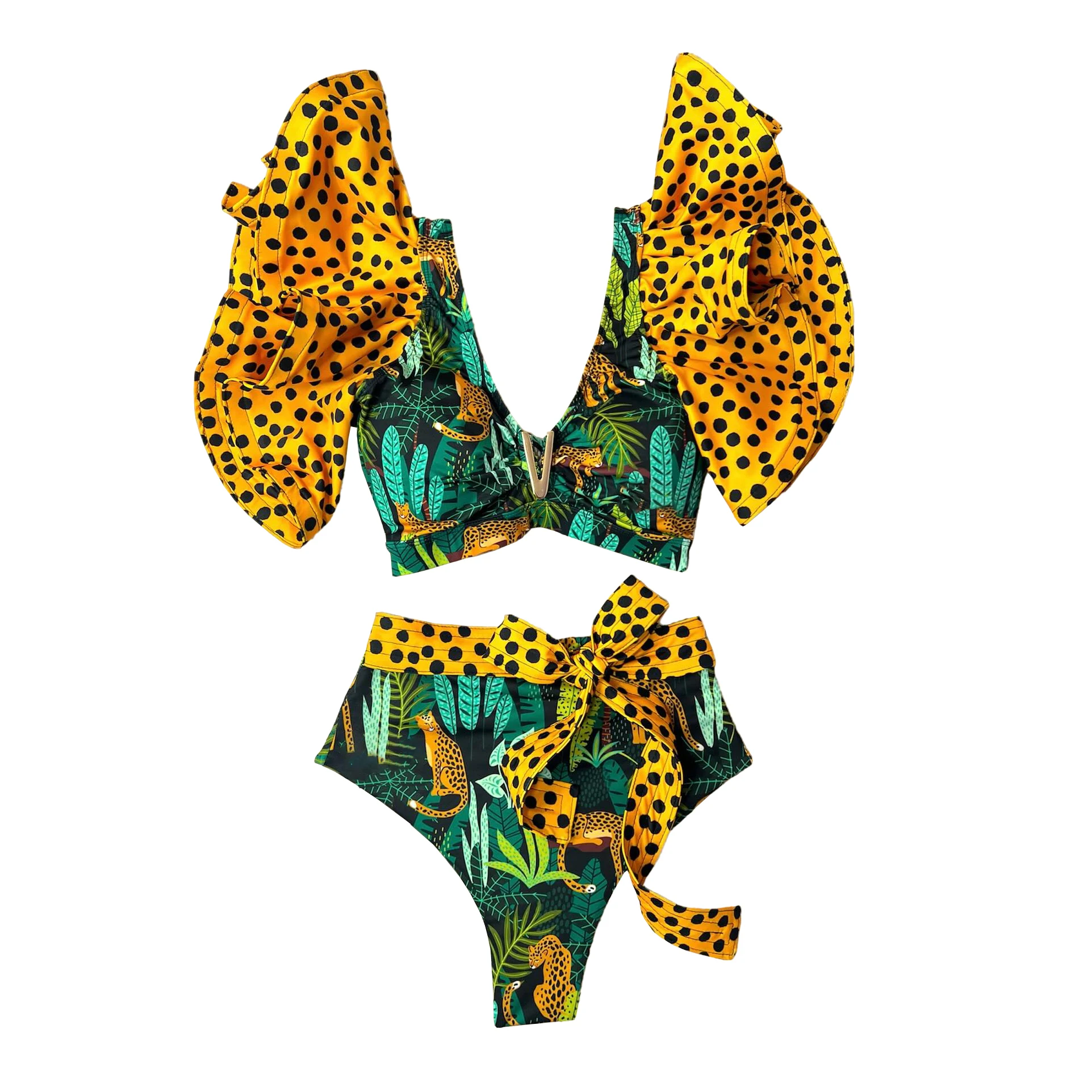 Sporlike V-Neck High Waist Bikini Sets Shoulder Ruffled Sexy Printed Swimsuit Two Pieces Swimwear Women women swimsuit women two piece sets