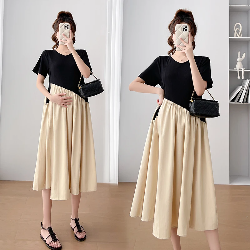 

905# Summer Fashion Patchwork Maternity Dress Elegant A Line Loose Clothes for Pregnant Women Casual Stylish Pregnancy Clothing