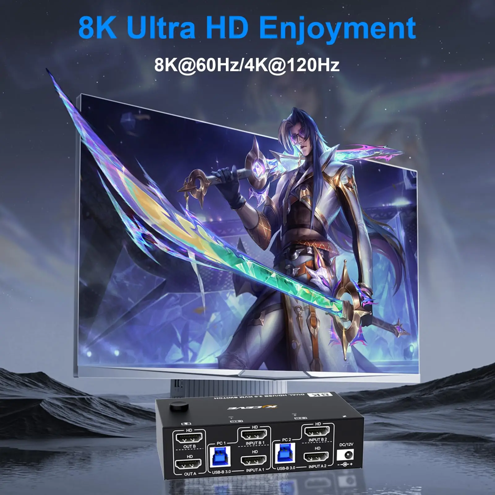   KVM ġ, HDMI 2.1 KVM ġ, ǻ  2 ,  3 , USB 3.0 + 1 USB C ġ, 8K @ 60Hz, 4K @ 120Hz, ǰ