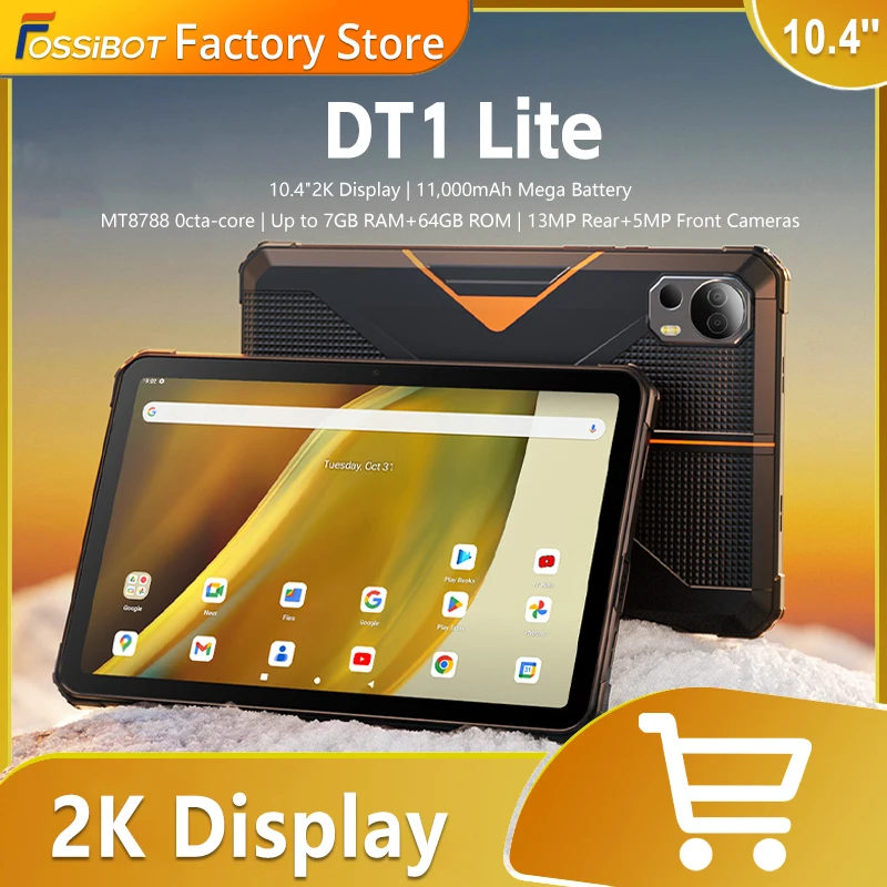 Fossibot Dt1 Lite Android 13 Tablet Robusto 10.4 ''2K-Grande Schermo 11000Mah Batteria 4Gb Ram 64Gb Rom Quattro Altoparlanti Hi-Res Pad