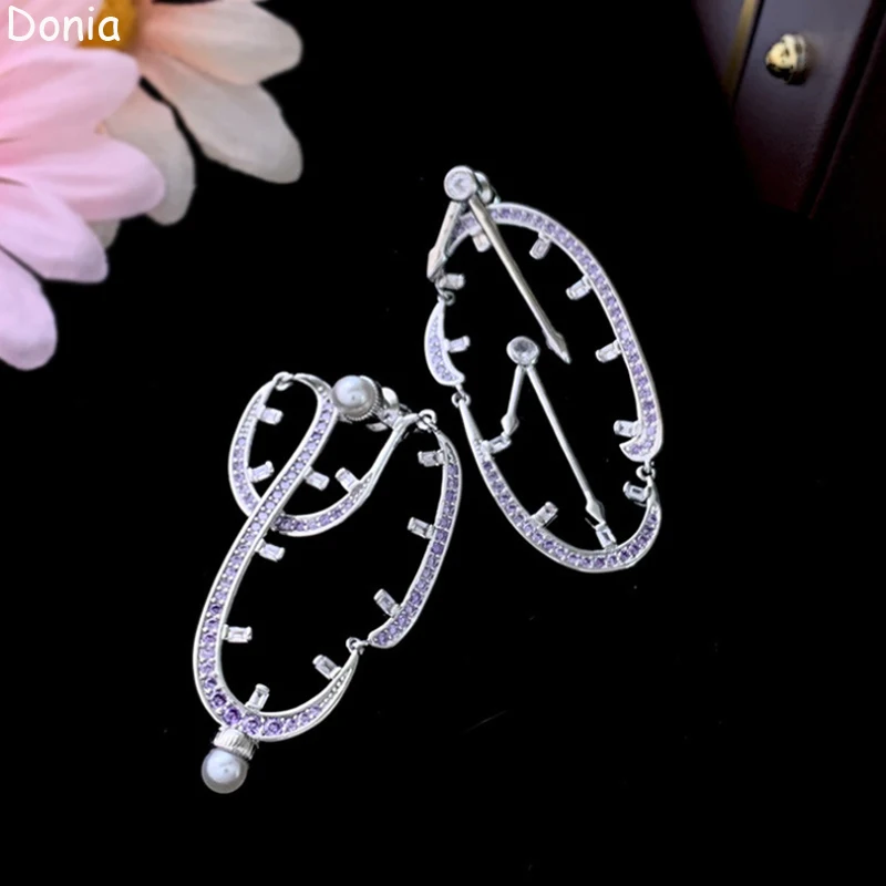 Donia Jewelry European and American Court Elegant Clock Titanium Steel Micro-Inlaid AAA Zircon Silver Needle Earrings