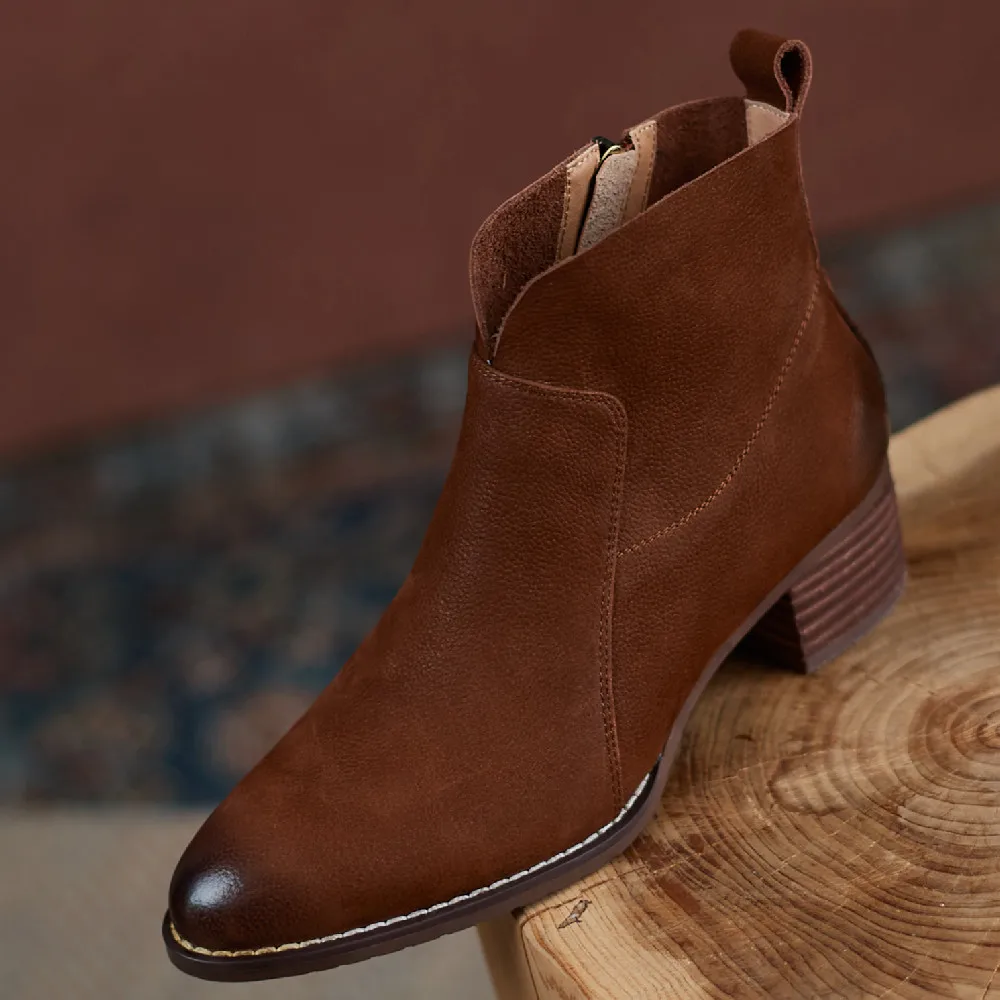 

Women's natural suede leather thick med heel round toe side zip autumn ankle boots soft comfortable casual female short boots