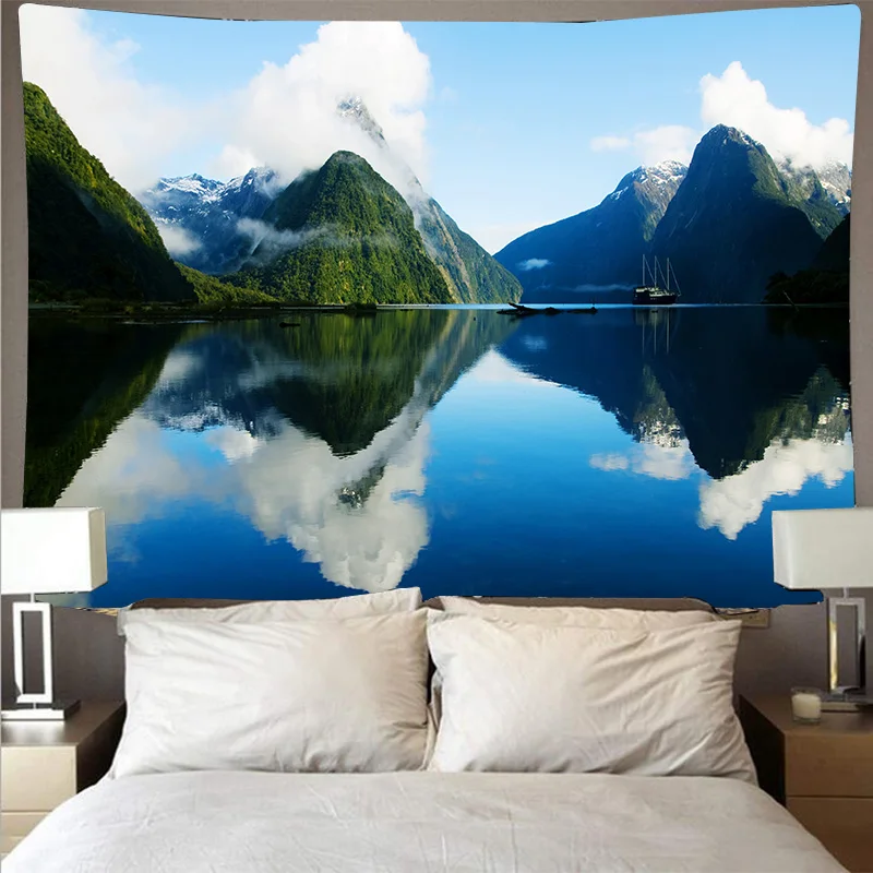 thumbnail image 1 of Tapiz de montaña, bosque, lago, paisaje natural, arte colgante de pared, manta fina de poliéster para techo, decoración del hogar, 1 of 5