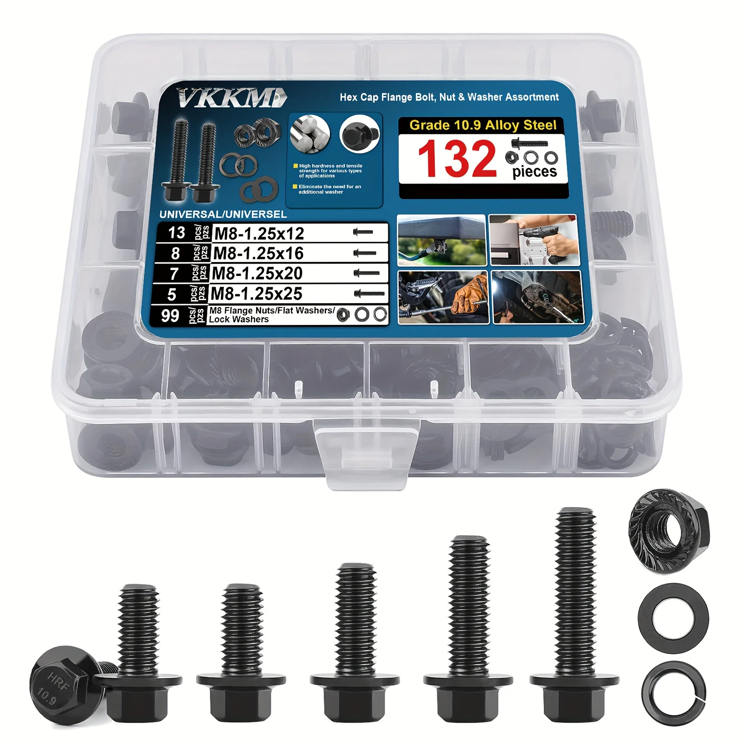 VKKM 132 pcs M8 Hex Cap Flange Bolt Assortment Kit/Screws, Nuts & Washers/Black Oxide, M8-1.25 x 12/16/20/25mm