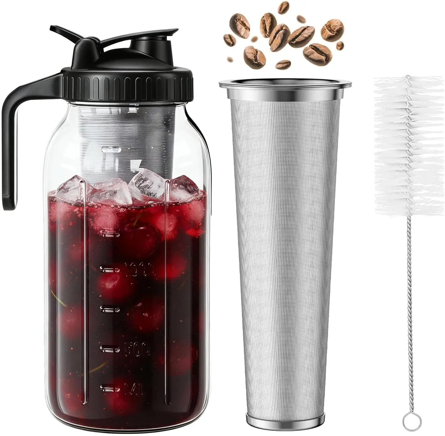 Glass Cold Brew Coffee Maker with Stainless Steel Filter, Sealed Lid, 2L/64oz for Iced Coffee
