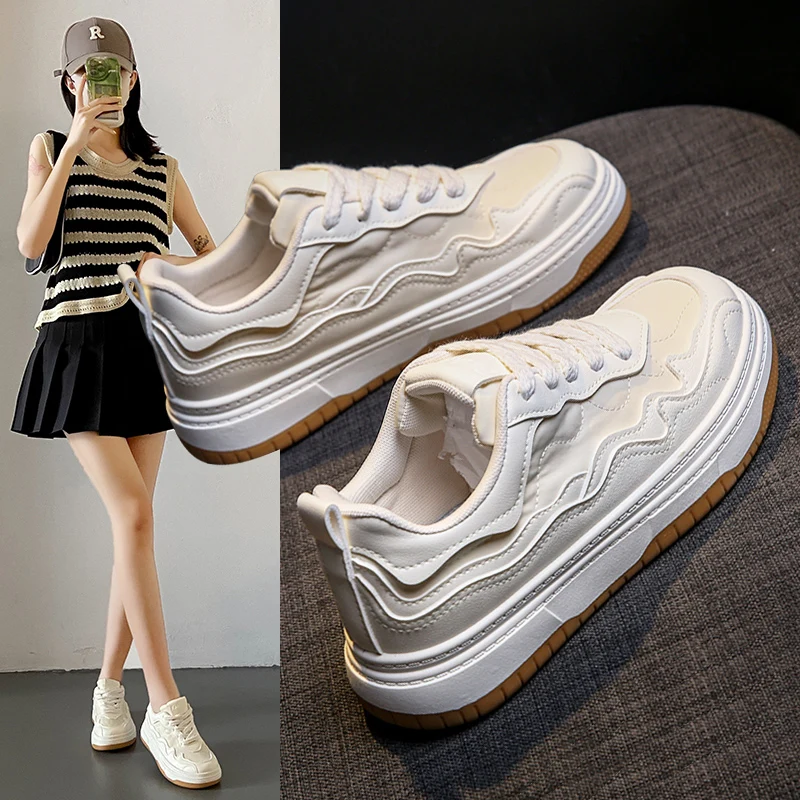 2023 New Leather Sports Casual Shoes Women's Spring and Autumn Vulcanized Shoes Sports Shoes Lace-up Casual Women's Flat Shoes